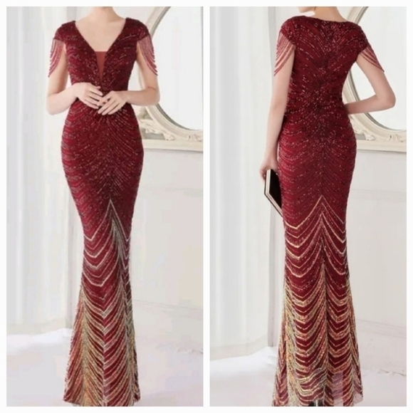 Burgundy Graphic Print, Contrast Sequined,  Draped Rhinestone, Mermaid G… - Picture 3 of 16